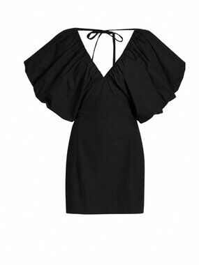SWF Puff Sleeve Mini Dress Womens Medium Black V-Neck Cotton Tie Back S/W/F